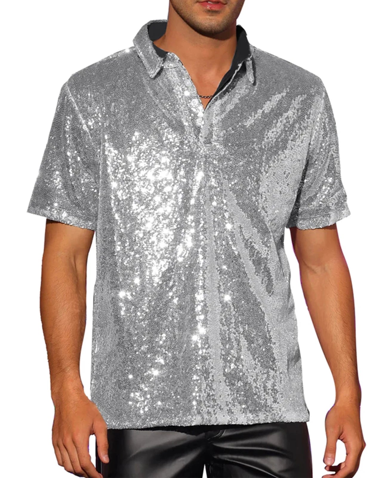 Men's silver sequin short sleeve shirt with a black collar and quarter-button placket.