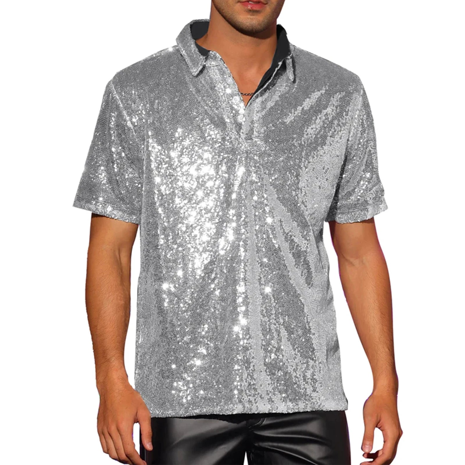 Men's silver sequin short sleeve shirt with a black collar and quarter-button placket.