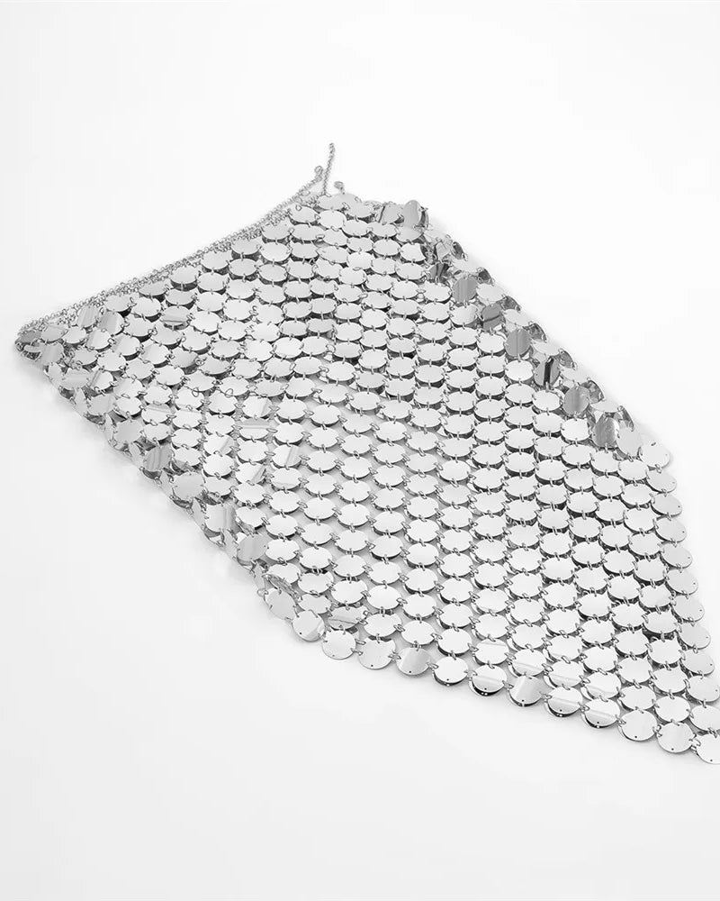 Silver Sequins Midi Skirt featuring shimmering sequins, perfect for parties and festivals.