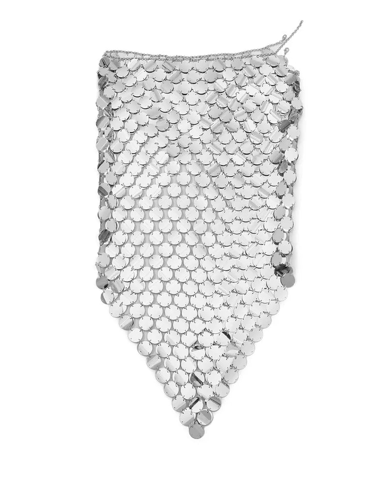 Silver Sequins Midi Skirt made of polyester and sequins, perfect for festivals and parties.