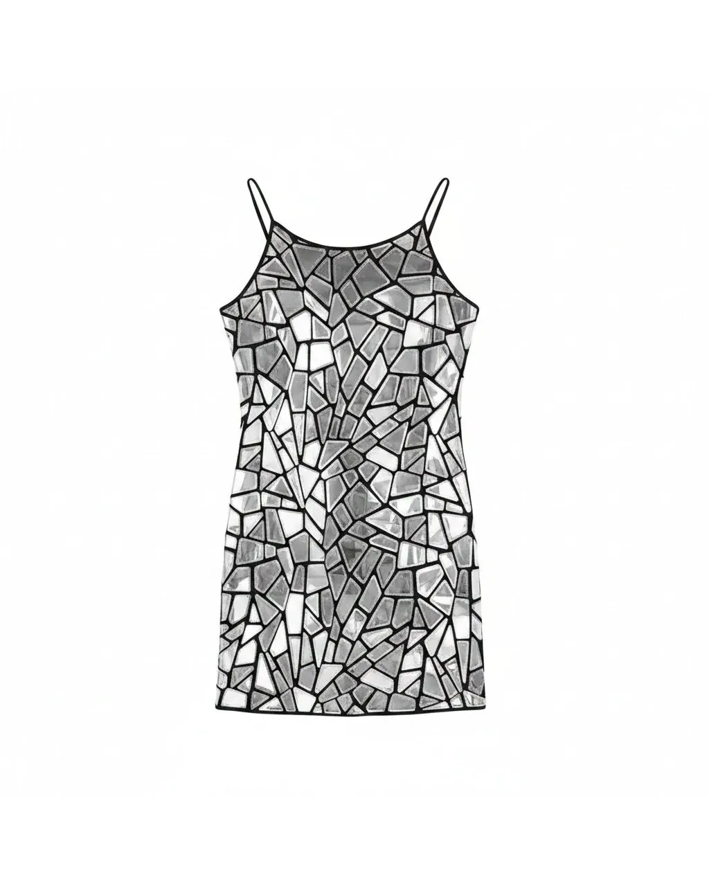 Shiny Metallic Mirror Party Dress with a striking fractured mirror design and sleek black straps.