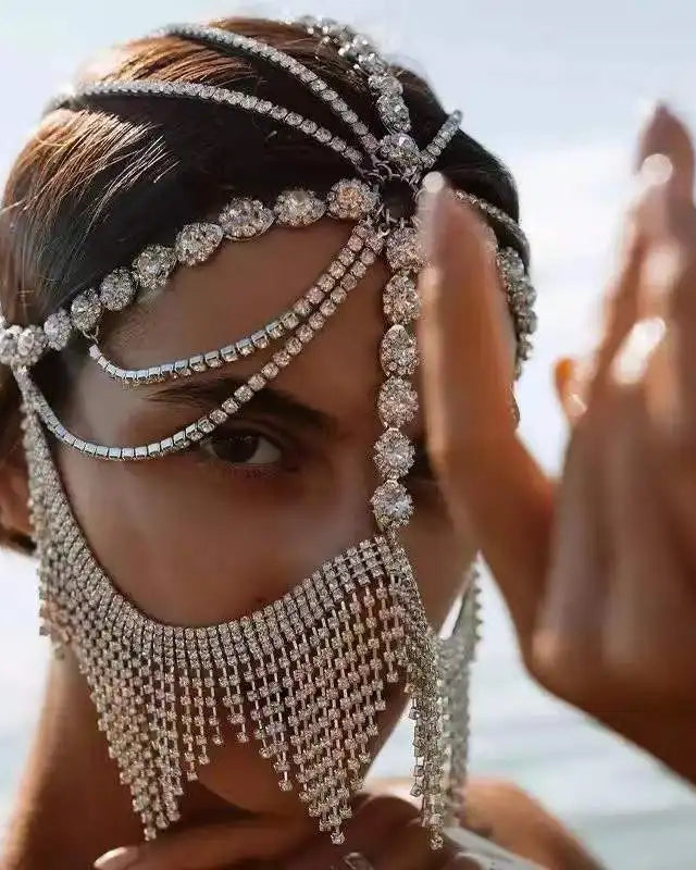 Silver Sparkly Tassel Rhinestone Headwear Mask