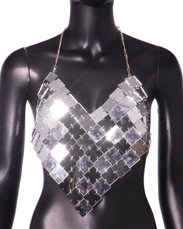 Women Silver Square Sequin Chainmail festival outfit Top Metal Chain Body Chain Mirror Crop Top rave outfit