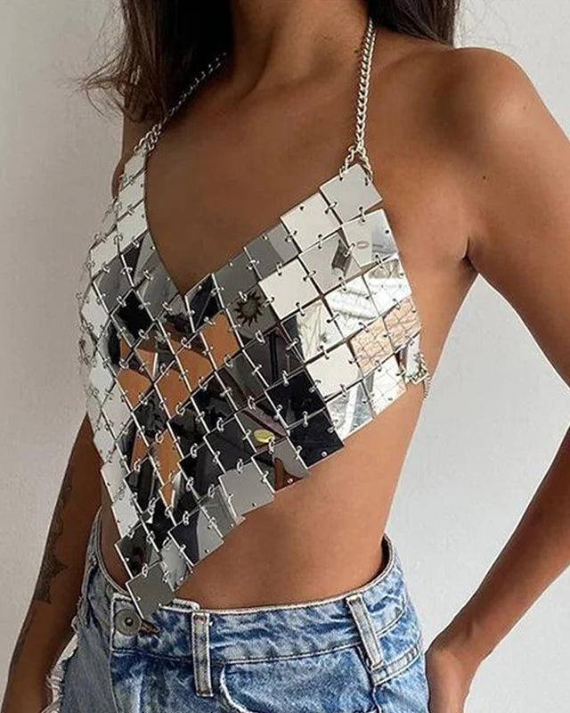 Women Silver Square Sequin Chainmail festival outfit Top Metal Chain Body Chain Mirror Crop Top rave outfit