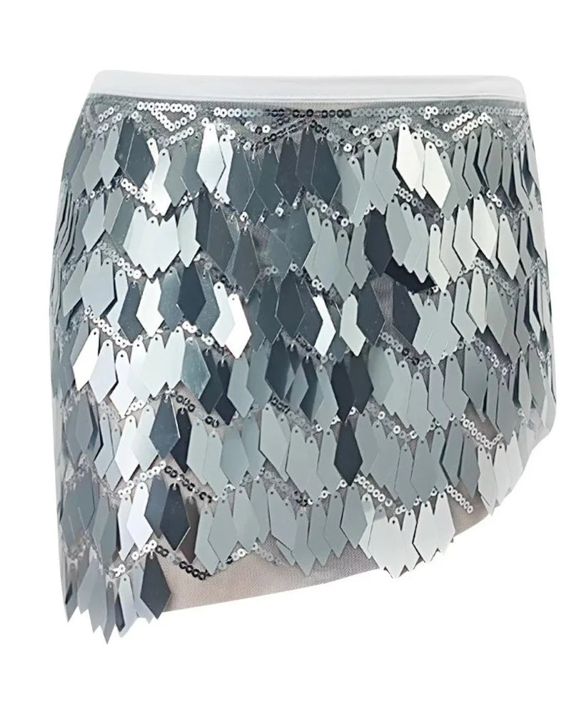 Silver sequin mini skirt featuring diamond-shaped metallic scales and a comfortable white elastic waistband.