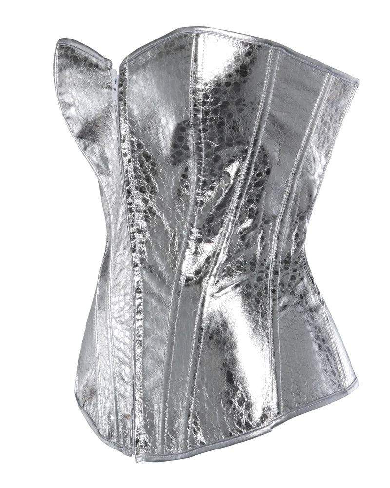 Silver faux-snakeskin corset top with structured boning and a front zipper closure.