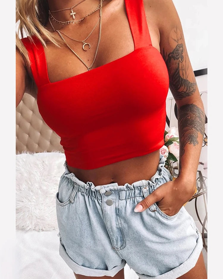 Square Neck Crop Top Black Red
