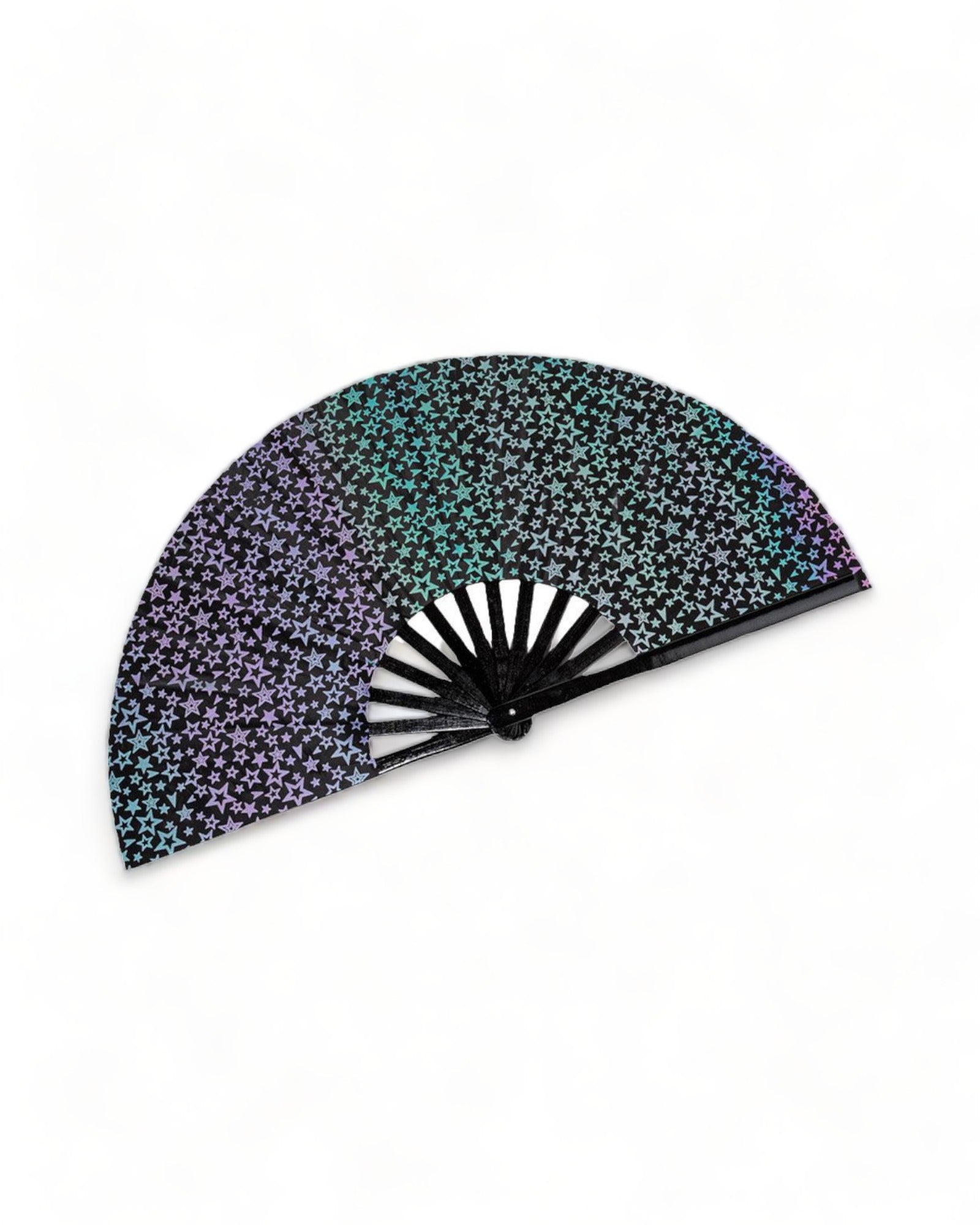Folding Holographic Hand Fan with floral design, made of polyester fabric and bamboo sticks.