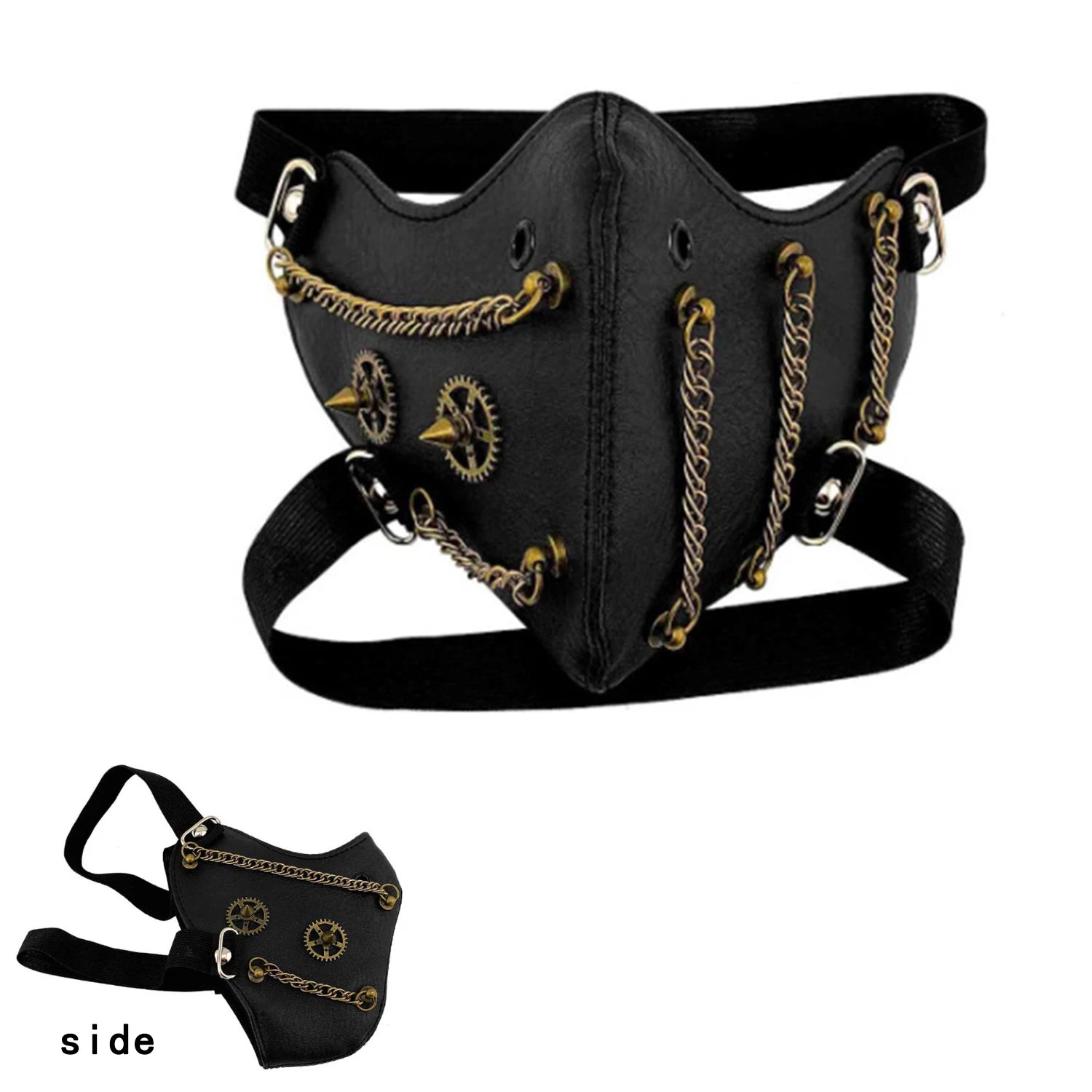 maschera facciale steampunk in pelle vista di profilo con dettagli di catene dorate e ingranaggi