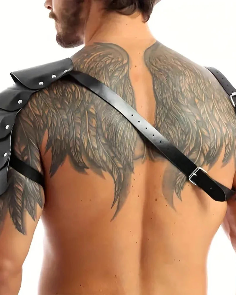 Steampunk One Shoulder Armor featuring unique leather design with shoulder plates and intricate detailing.