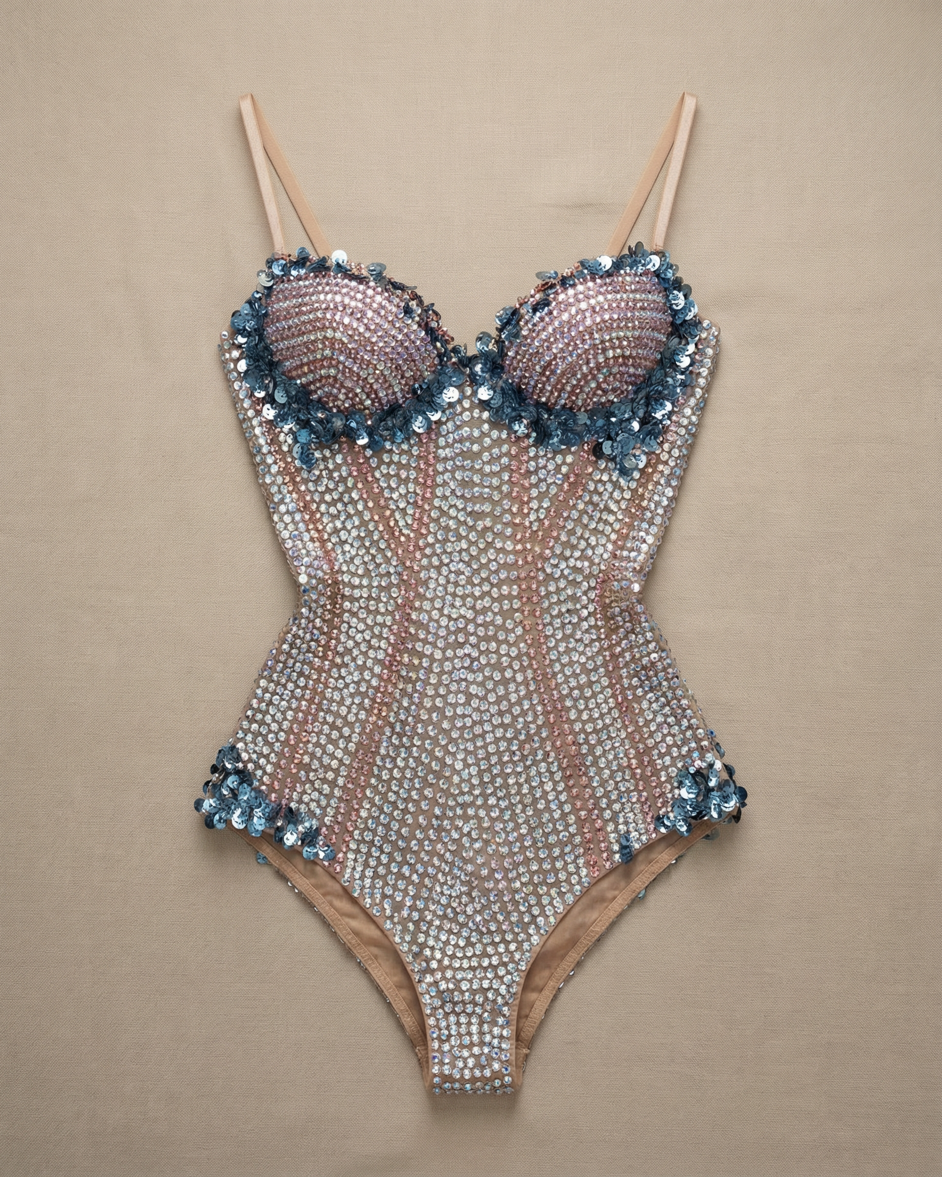 Stella Beige Rhinestone Corset Bodysuit with silver and warm crystal rhinestones, floral trim, and slim straps.