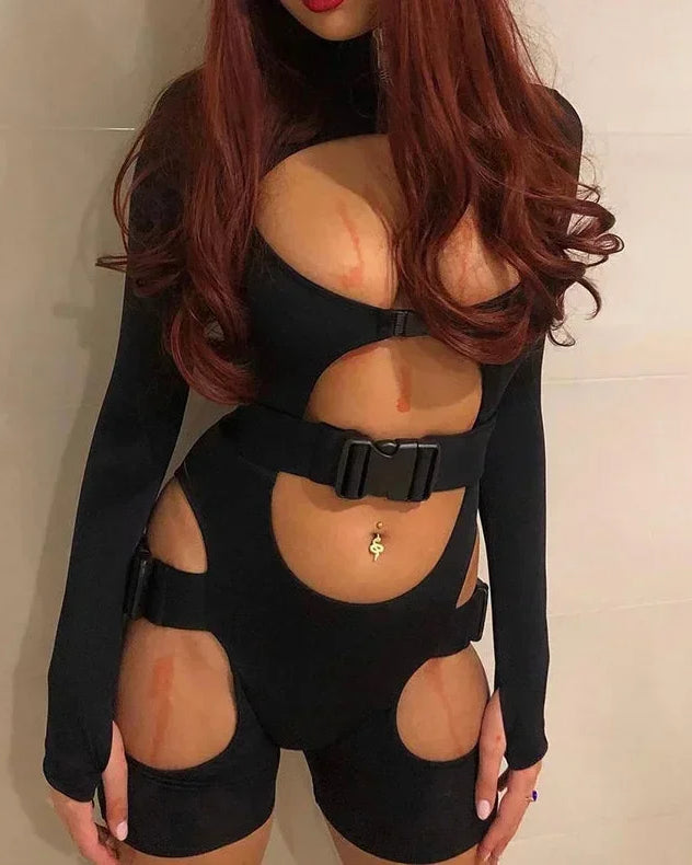 Strap Black Hollow Strap Romper Bodysuit