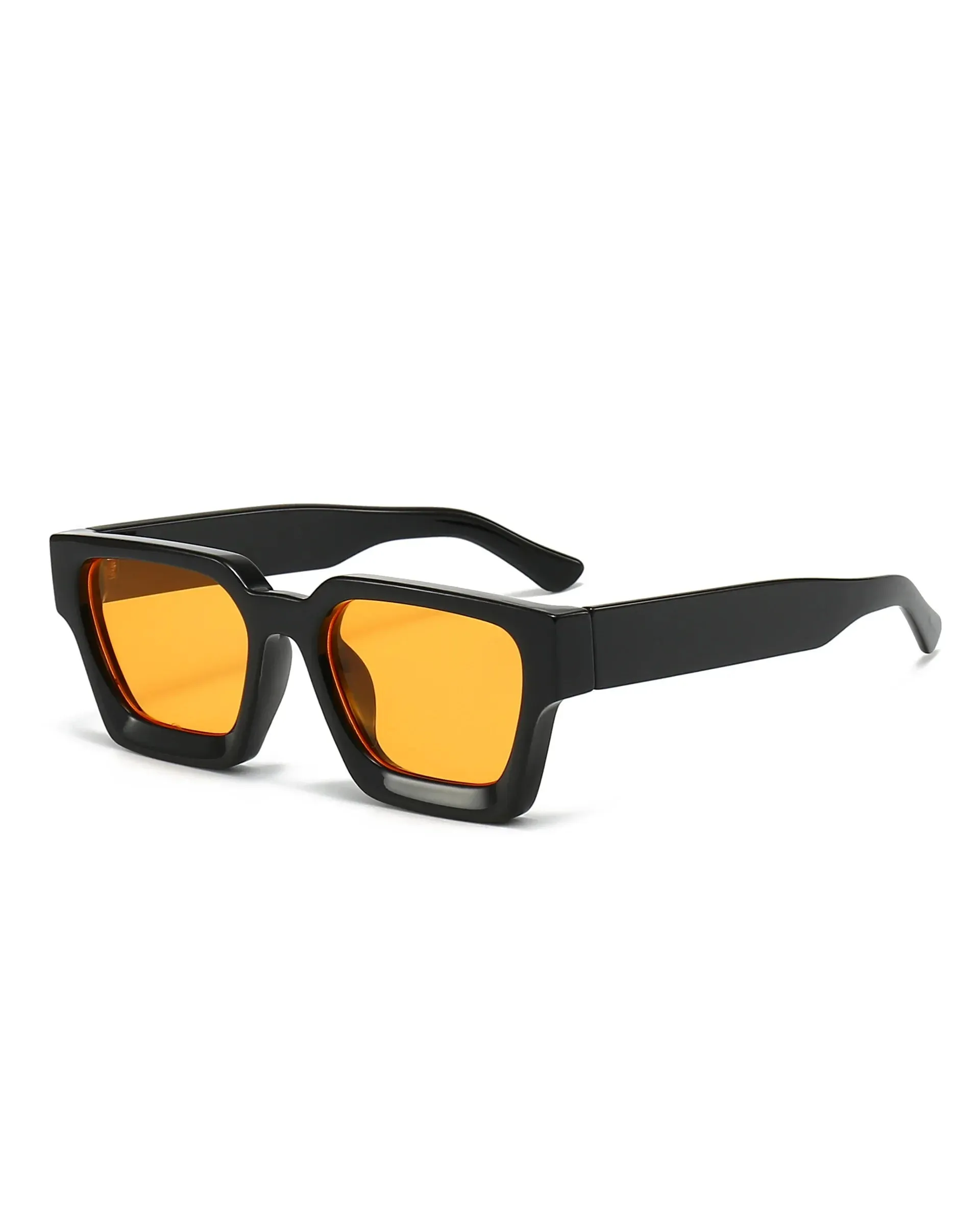 Unisex Malmö chunky square sunglasses featuring a black polycarbonate frame and vibrant orange UV-400 resin lenses.