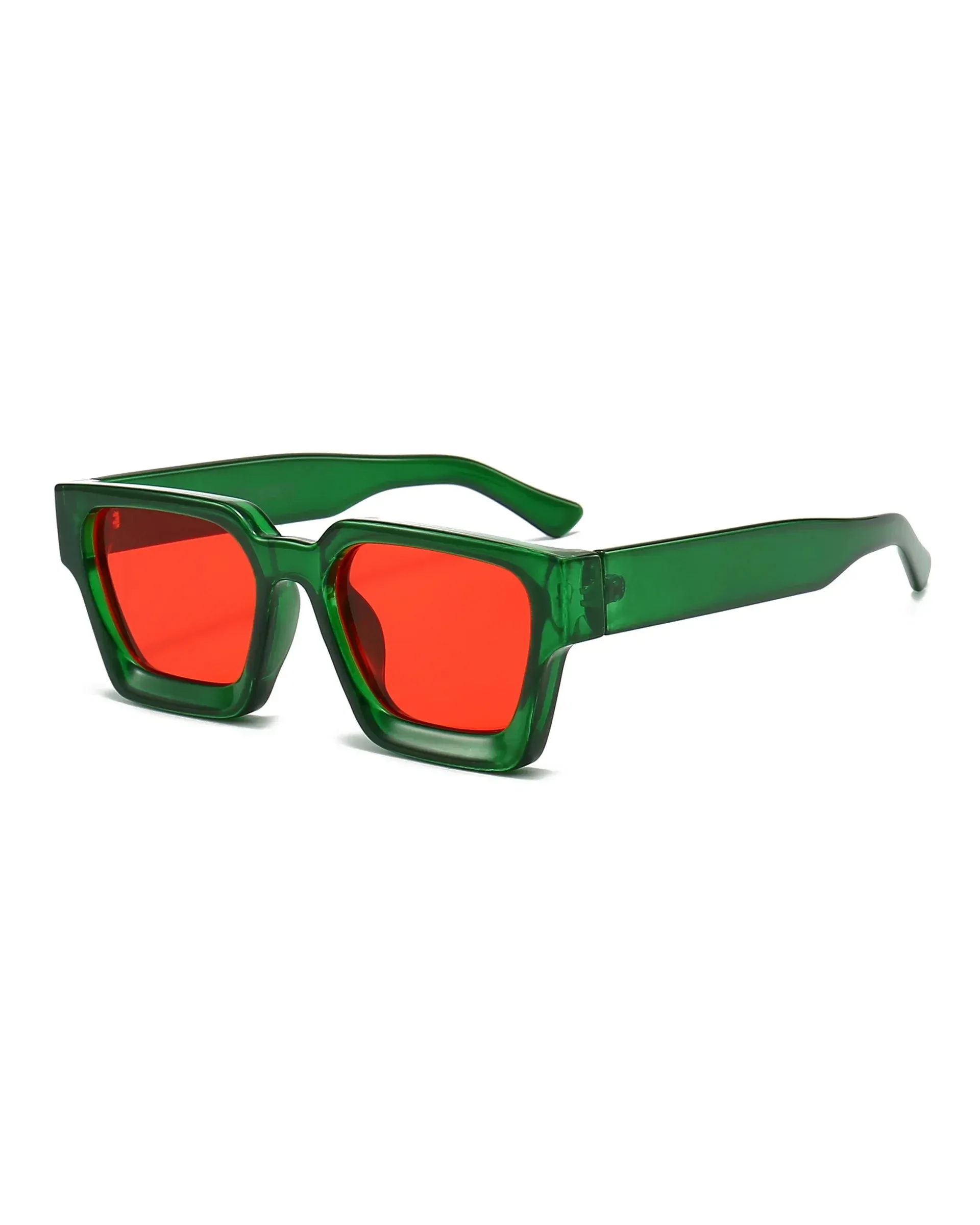Malmö chunky square sunglasses featuring a translucent green polycarbonate frame and bold red UV-400 resin lenses.