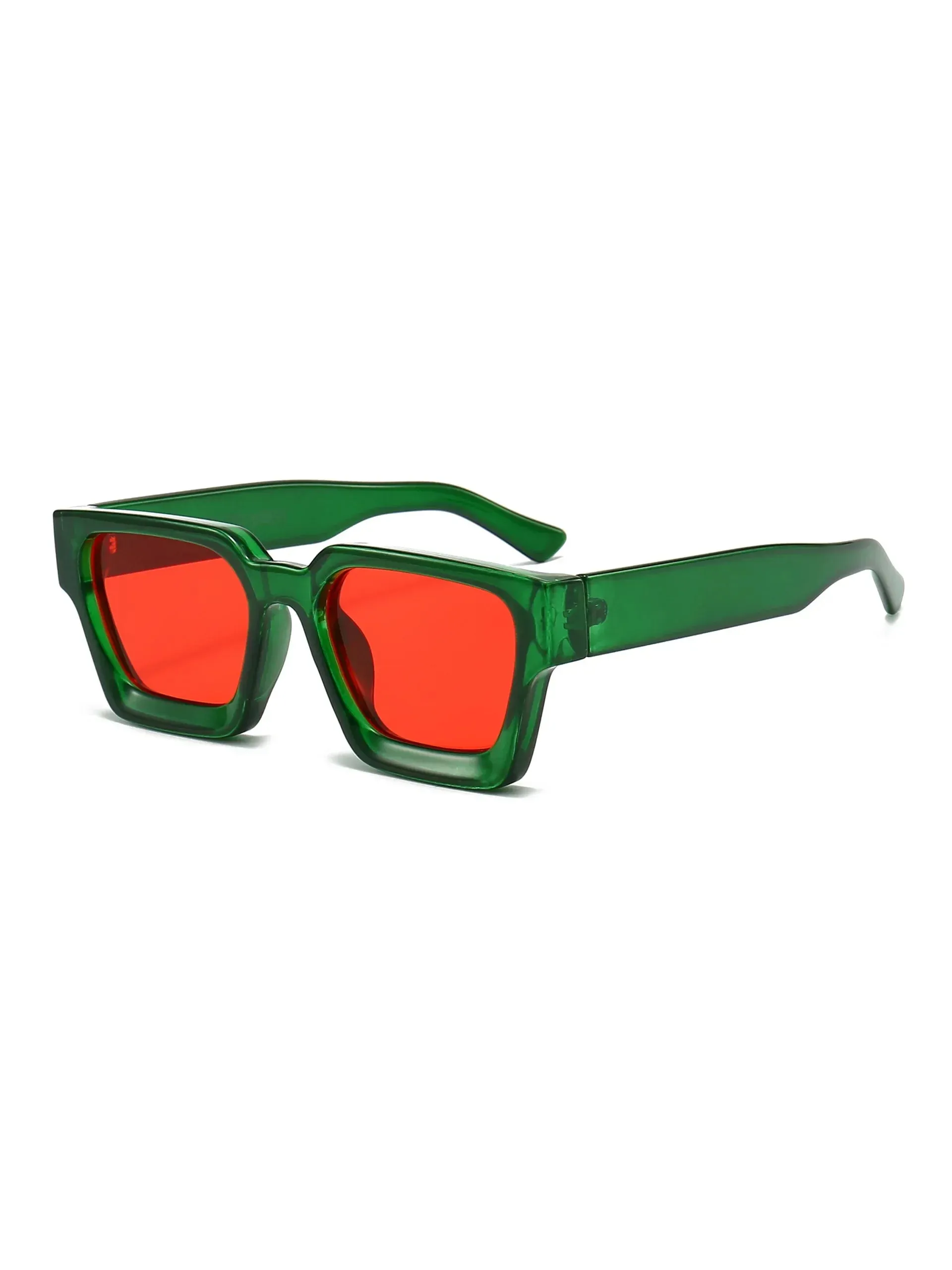 Malmö chunky square sunglasses featuring a translucent green polycarbonate frame and bold red UV-400 resin lenses.