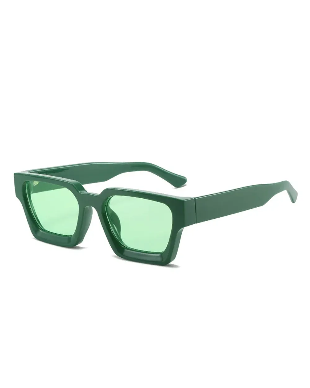 Malmö chunky square sunglasses featuring a dark green polycarbonate frame and matching light green resin lenses.