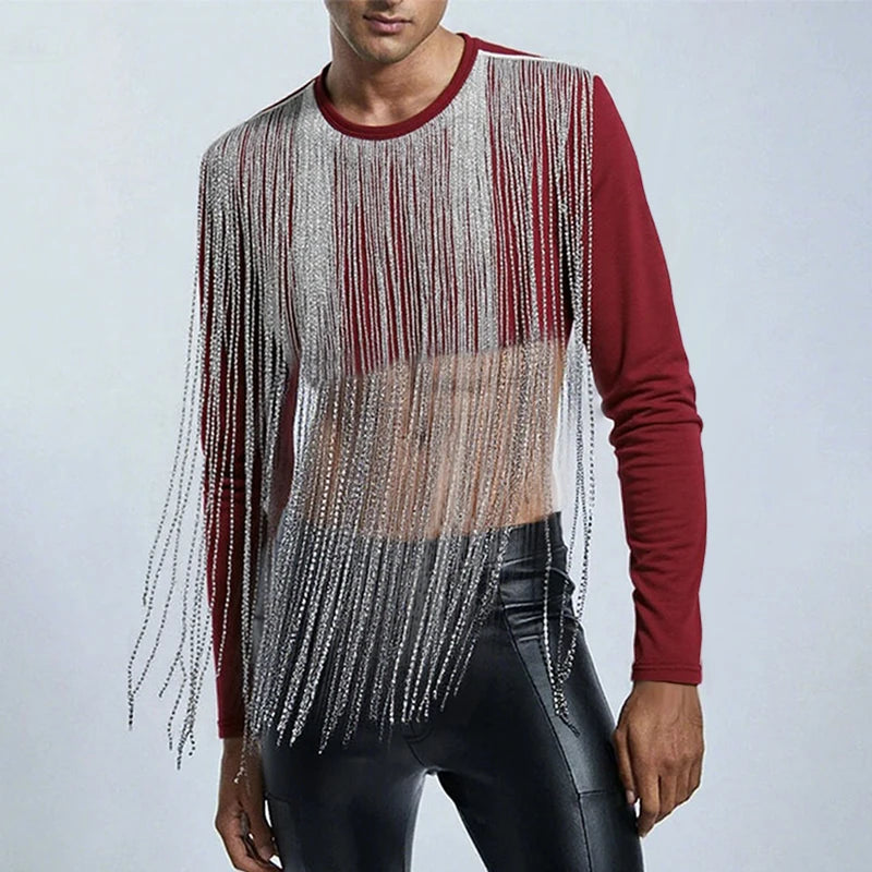 tassel fringe crop top in burgundy close-up with flowing silver tassels and form-fitting black pants