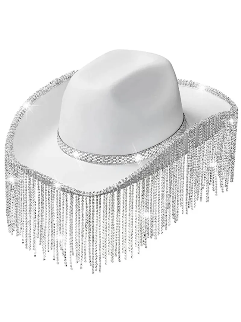 Sombrero de vaquera blanco con borlas y pedrería