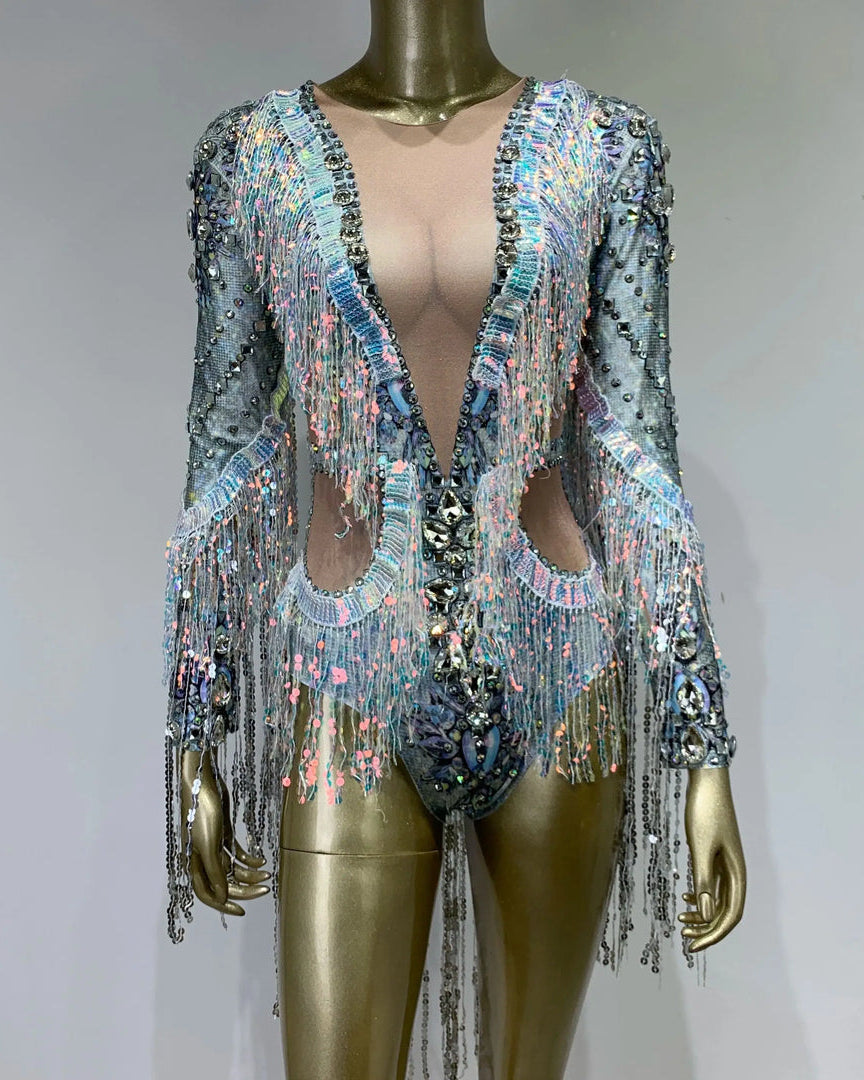 Diamond Rhinestone Tassel Bodysuit with intricate tassels and sparkling rhinestones, perfect for glam looks.