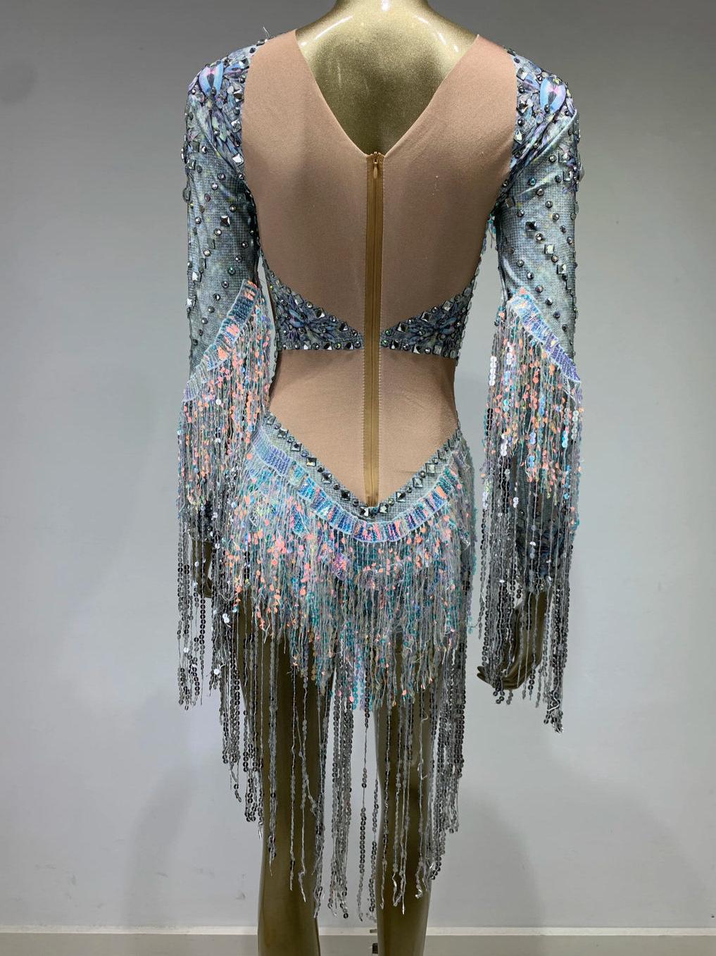 Diamond Rhinestone Tassel Bodysuit showcasing sparkling rhinestones and elegant tassels on a stylish design.