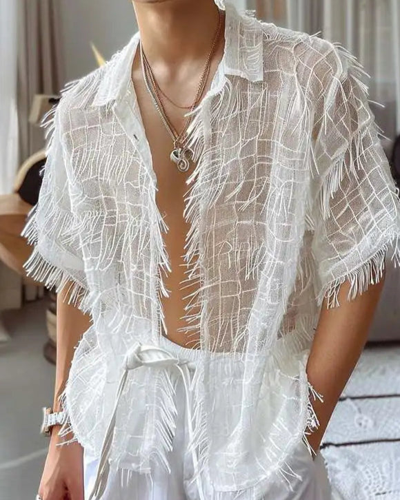 Transparent Tassel T-Shirt featuring sheer fabric and playful tassels, perfect for festivals and summer events.