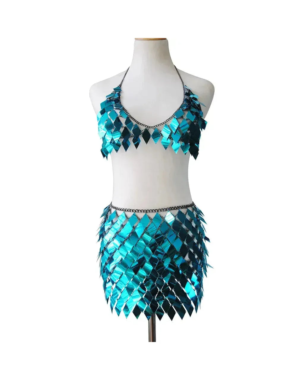 Rhombic Metal Backless Skirt and Top Set in turquoise sequins, perfect for festivals and raves.