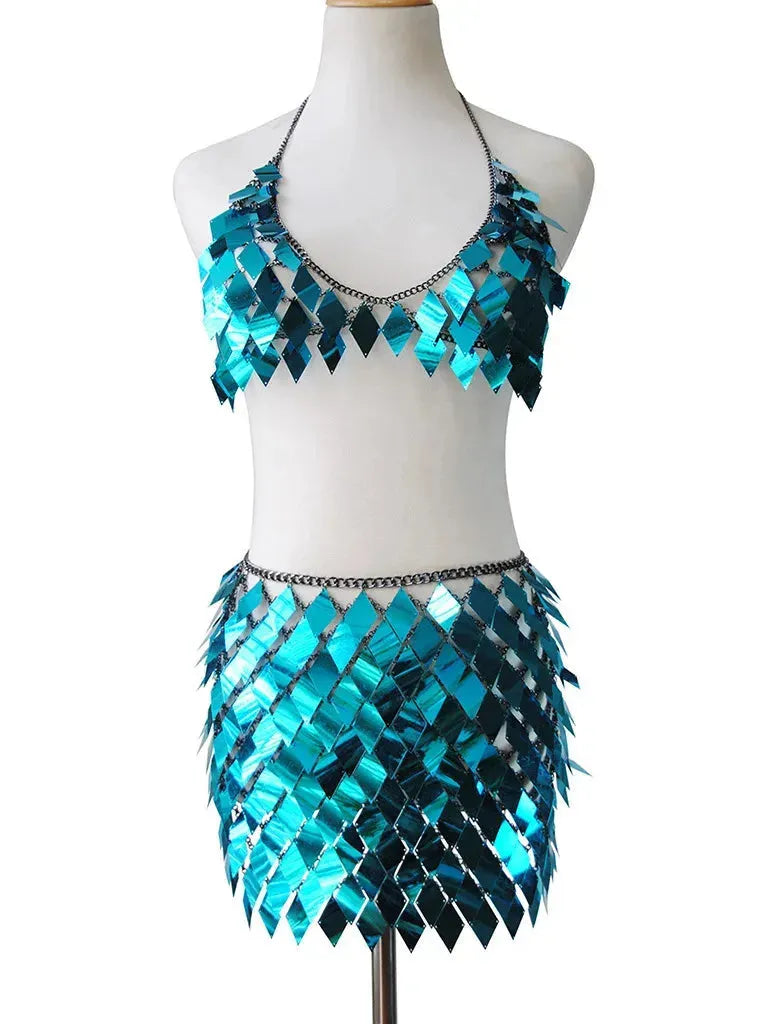 Turquoise Rhombic Metal Backless Skirt and Top Set