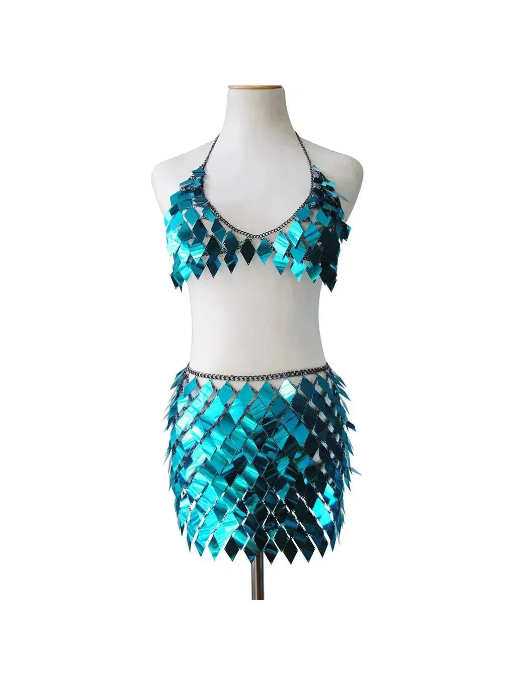 Rhombic Metal Backless Skirt and Top Set in turquoise sequins, perfect for festivals and raves.