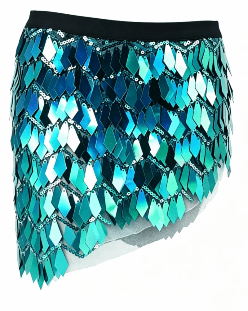 Teal sequin mini skirt featuring diamond-shaped metallic scales, a black elastic waistband, and chain-link detailing.