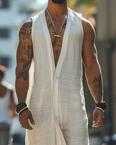 Mens vintage long sleeveless V-neck cardigan in light beige polyester with button-front detail.