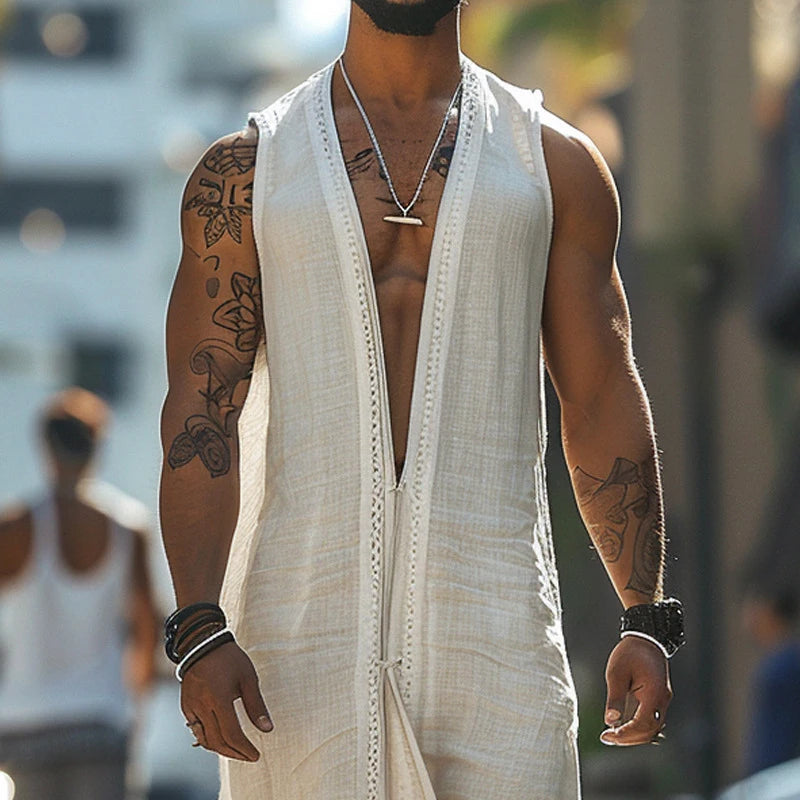 Vintage Long Sleeveless V Neck Cardigan worn by a muscular man, showcasing intricate details and relaxed fit.