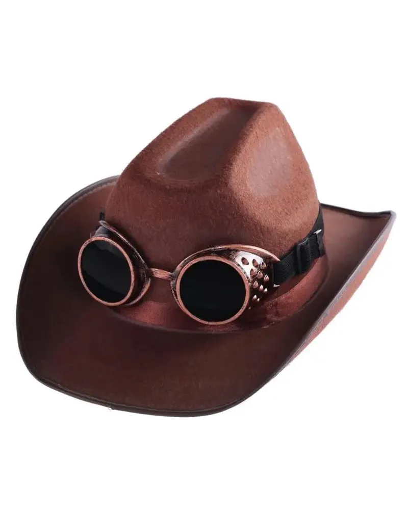 Brown cowboy hat with vintage steampunk goggles featuring dark lenses and metallic copper accents.
