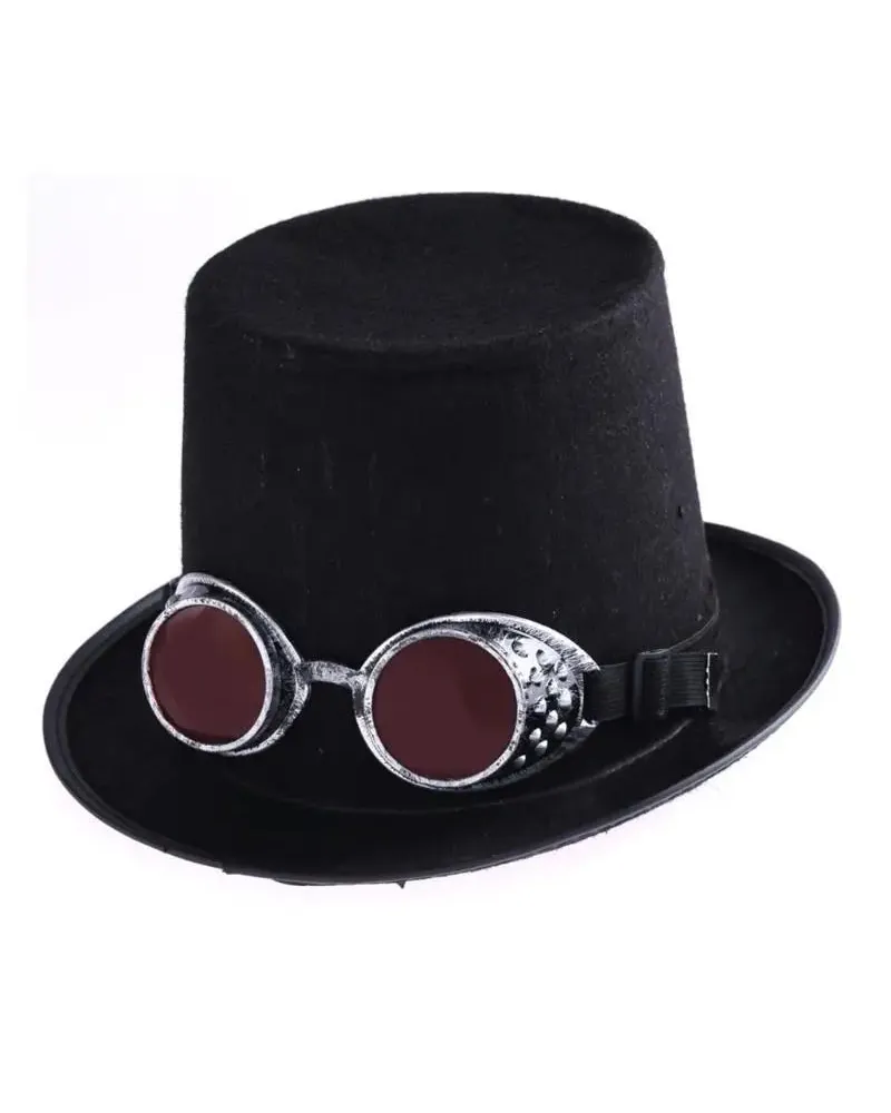 Black top hat with attached vintage steampunk goggles featuring metallic silver frames and dark red lenses.