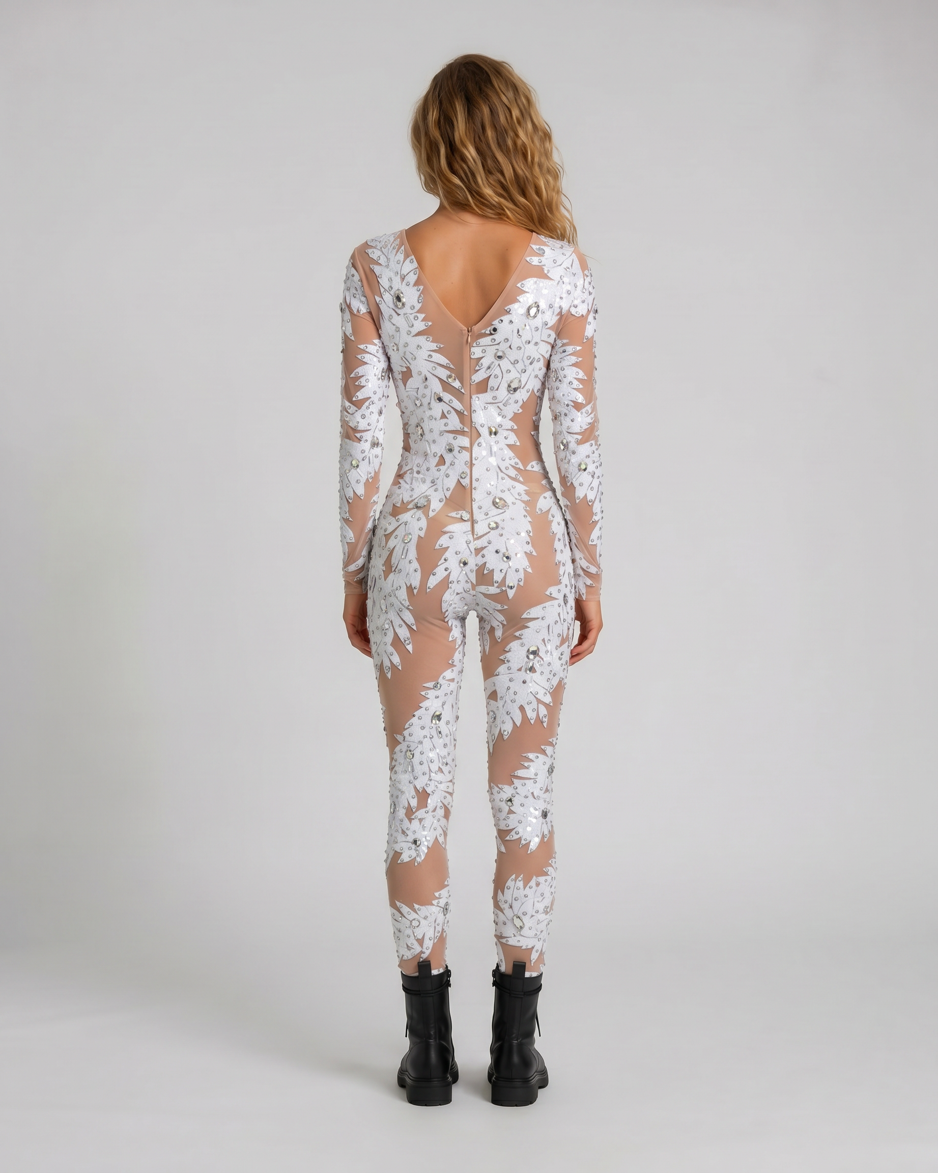 Vivian White Rhinestone Jumpsuit, full-length, stretch spandex with hand-glued rhinestones and sewn sequins.