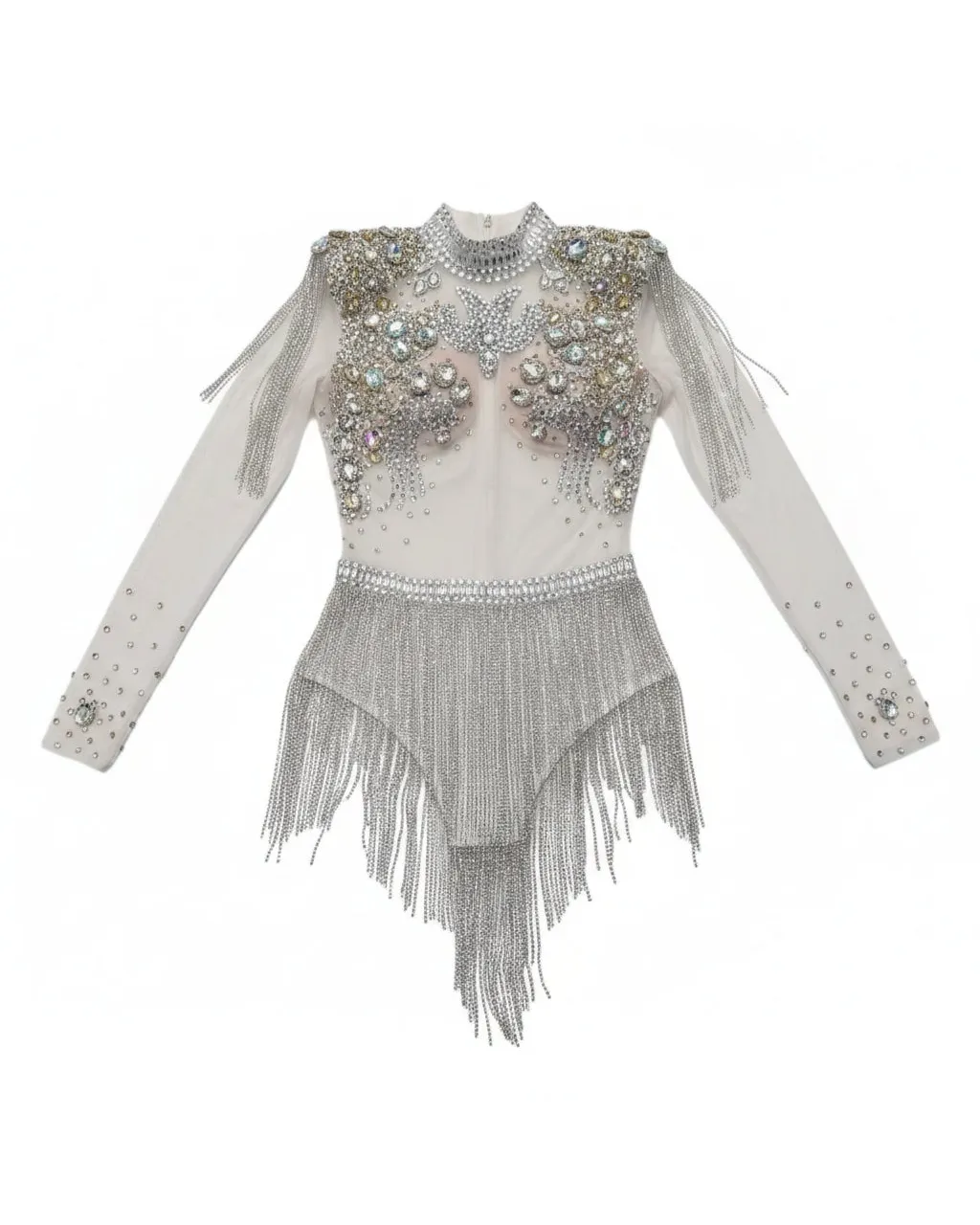 Rhinestone Tassel Festival Bodysuit with sparkling rhinestones and flowing tassels for stunning festival style.
