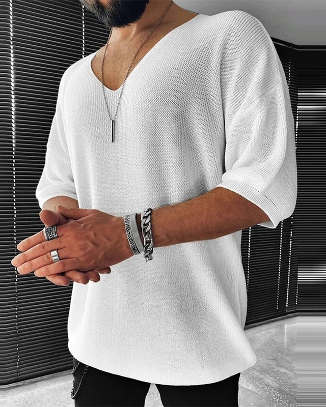 White Casual V-Neck Knitted Sweater