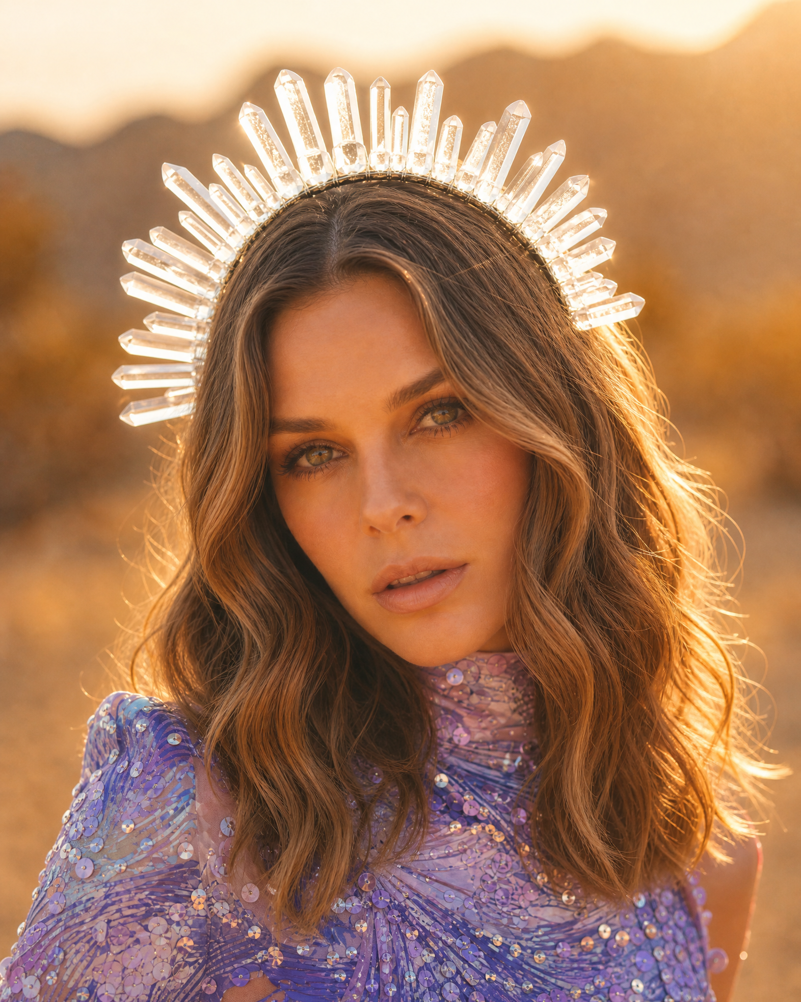 Woman wearing a white crystal quartz headband crown in a desert sunset.