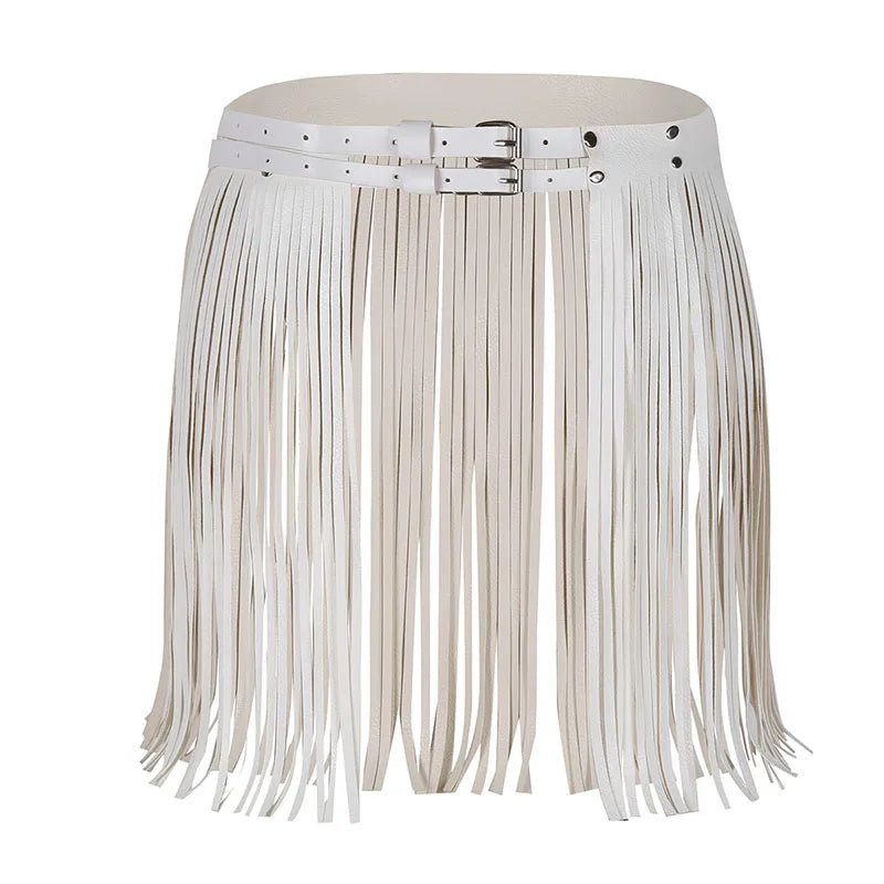 White Leather Fringe Skirt