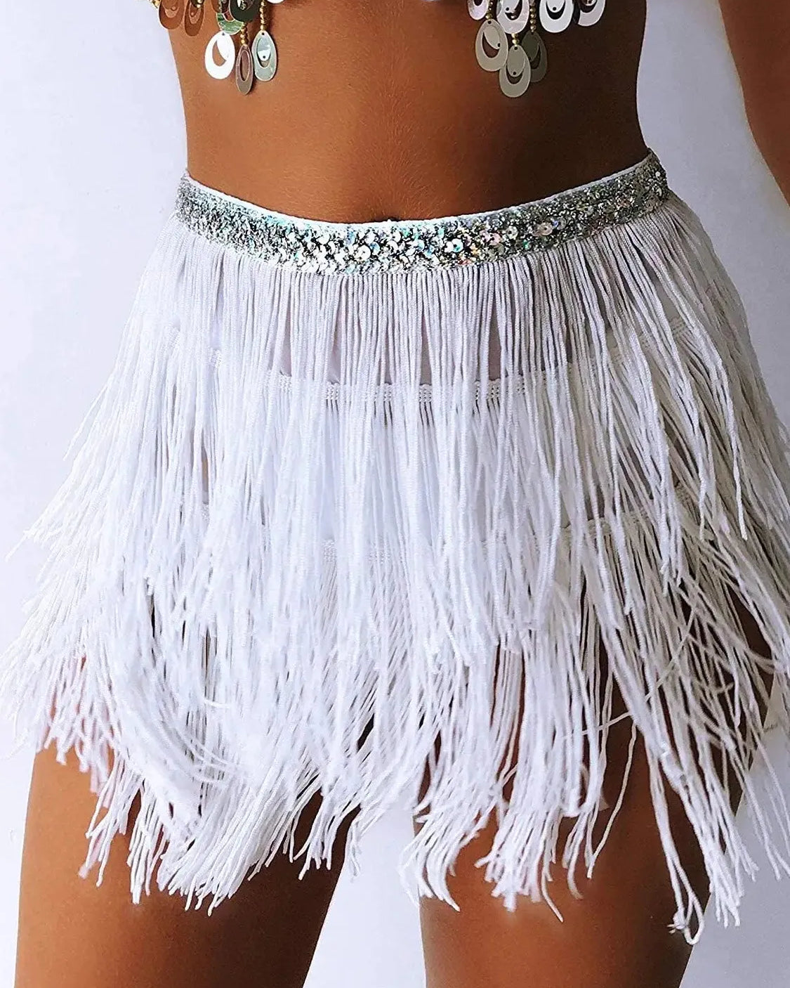 Fringe Sparkle Skirt with white fringe and sparkling sequins, perfect for festivals and parties.