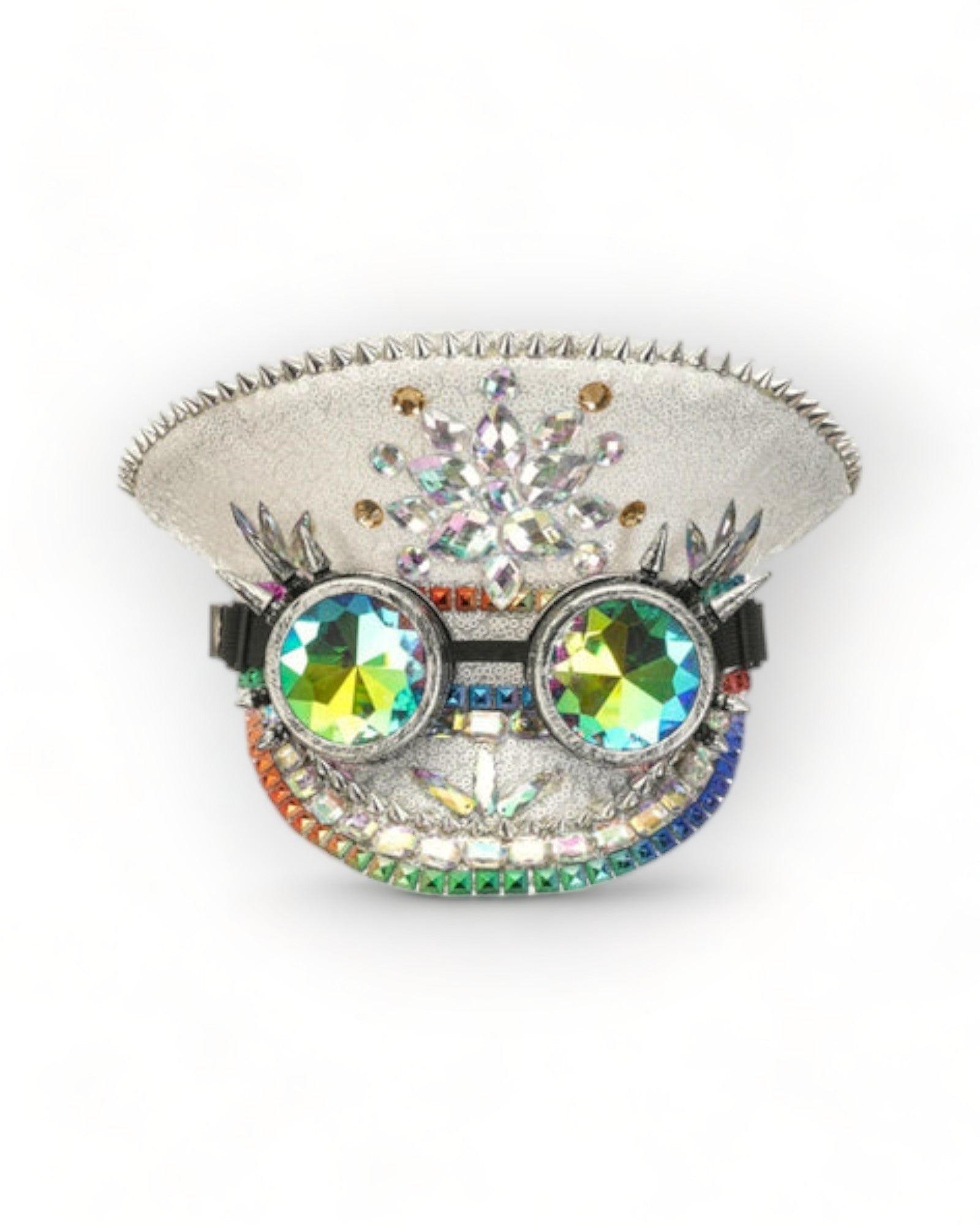 White Military Hat with Rhinestones and Kaledoiscope Sunglasses