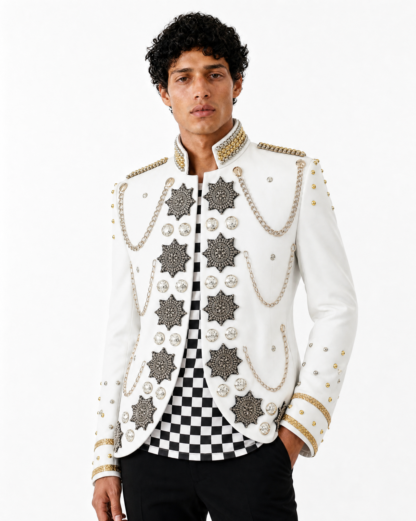 White military-style festival jacket featuring silver star embellishments, decorative chains, and gold-tone studs.