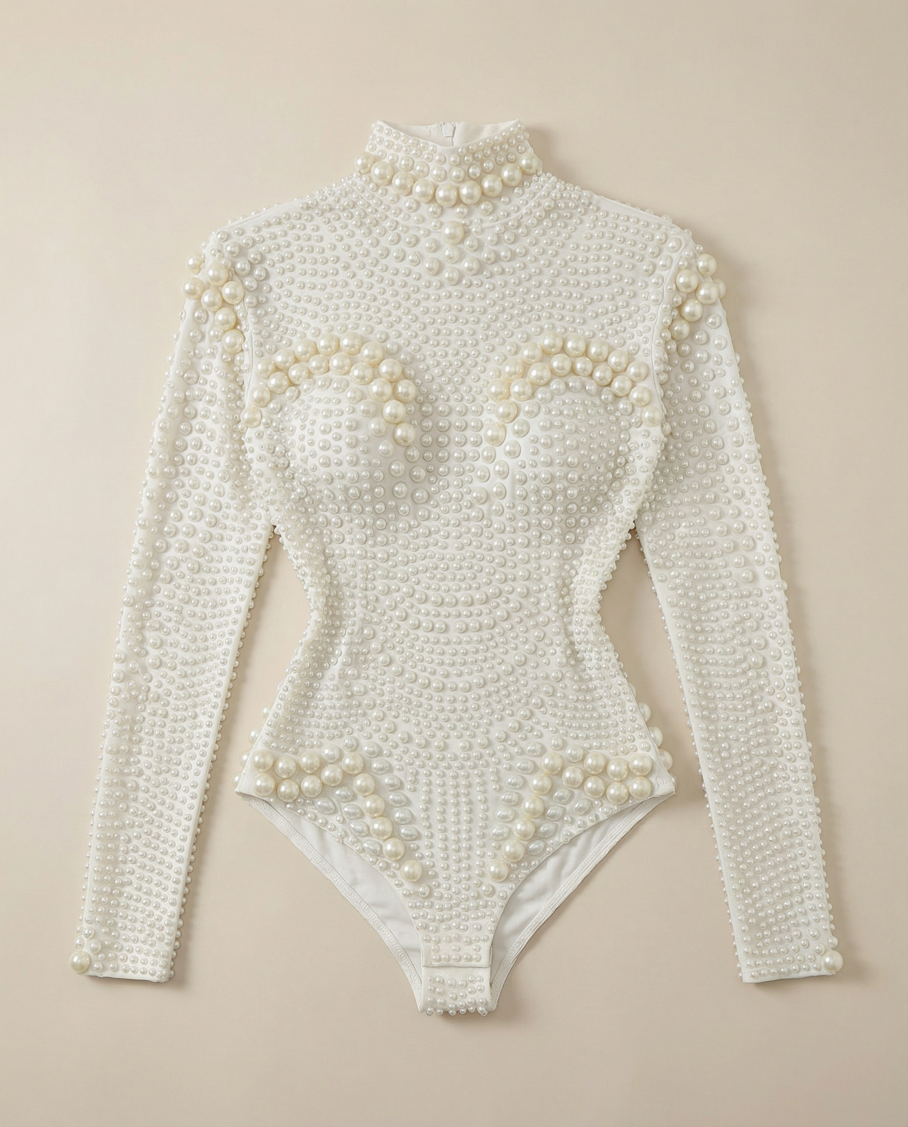White pearl-embellished long sleeve bodysuit with a high neck and figure-hugging stretch fit.