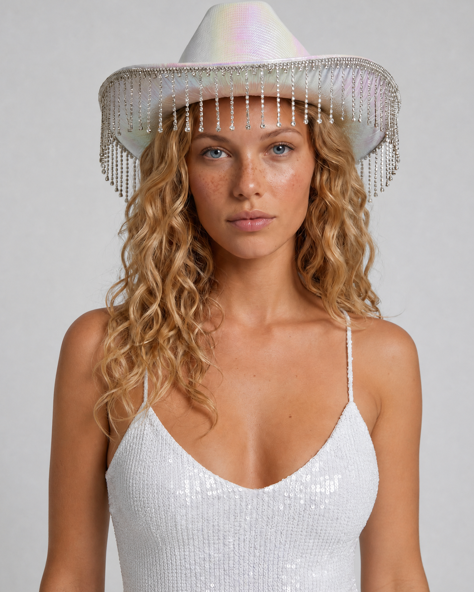 White rhinestone cowgirl hat with iridescent brim and silver fringe, worn by a woman with blonde curly hair.
