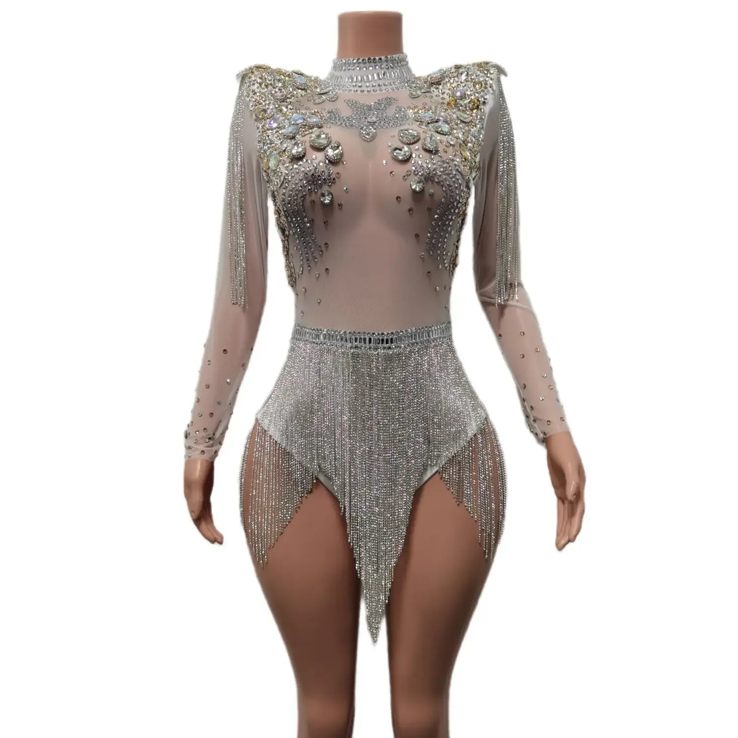 White Rhinestone Tassel Festival Bodysuit