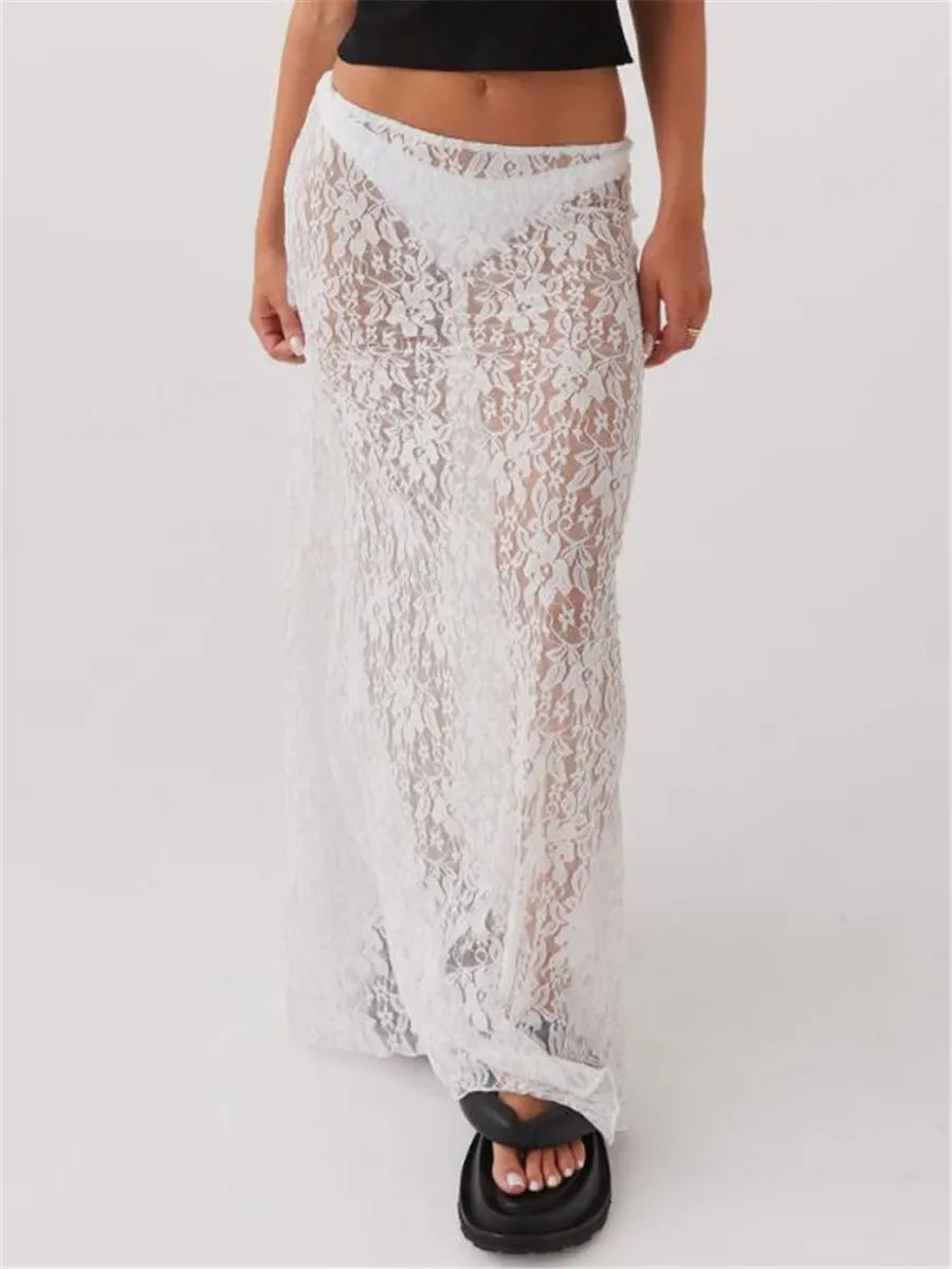 Sheer Lace Long Skirt featuring delicate lace material for a flowy and stylish summer festival look.