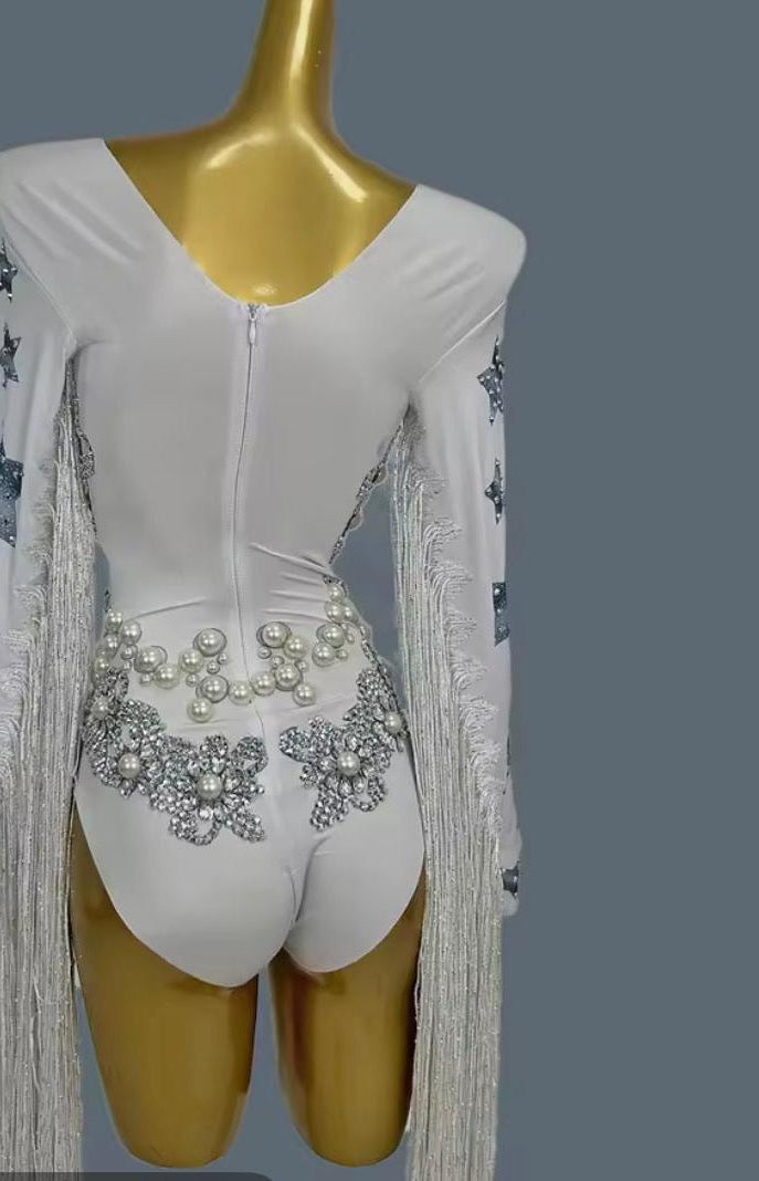 White Star Fringe Bodysuit with sparkling rhinestones, elegant pearls, and playful fringes.