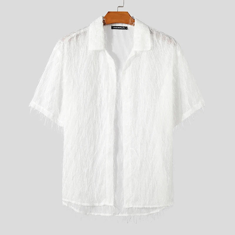 Transparent Tassel T-Shirt featuring sheer fabric and playful tassels for festive occasions.