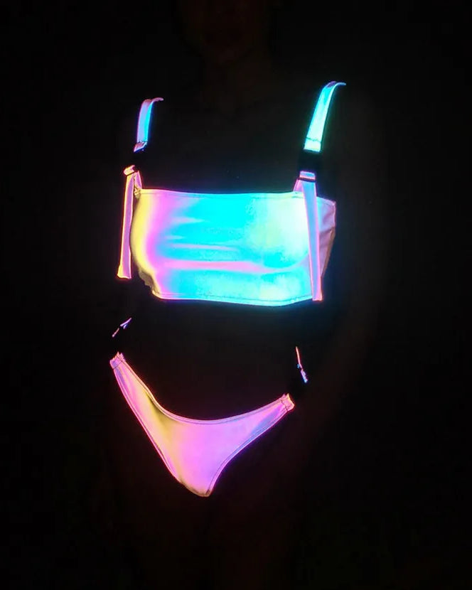 XS Colorful Reflective Two Piece Bikini for Festivals and Raves