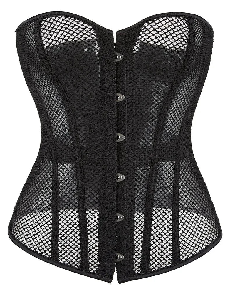 Overbust Corset in black hollow out mesh design, accentuating curves and enhancing festival outfits.