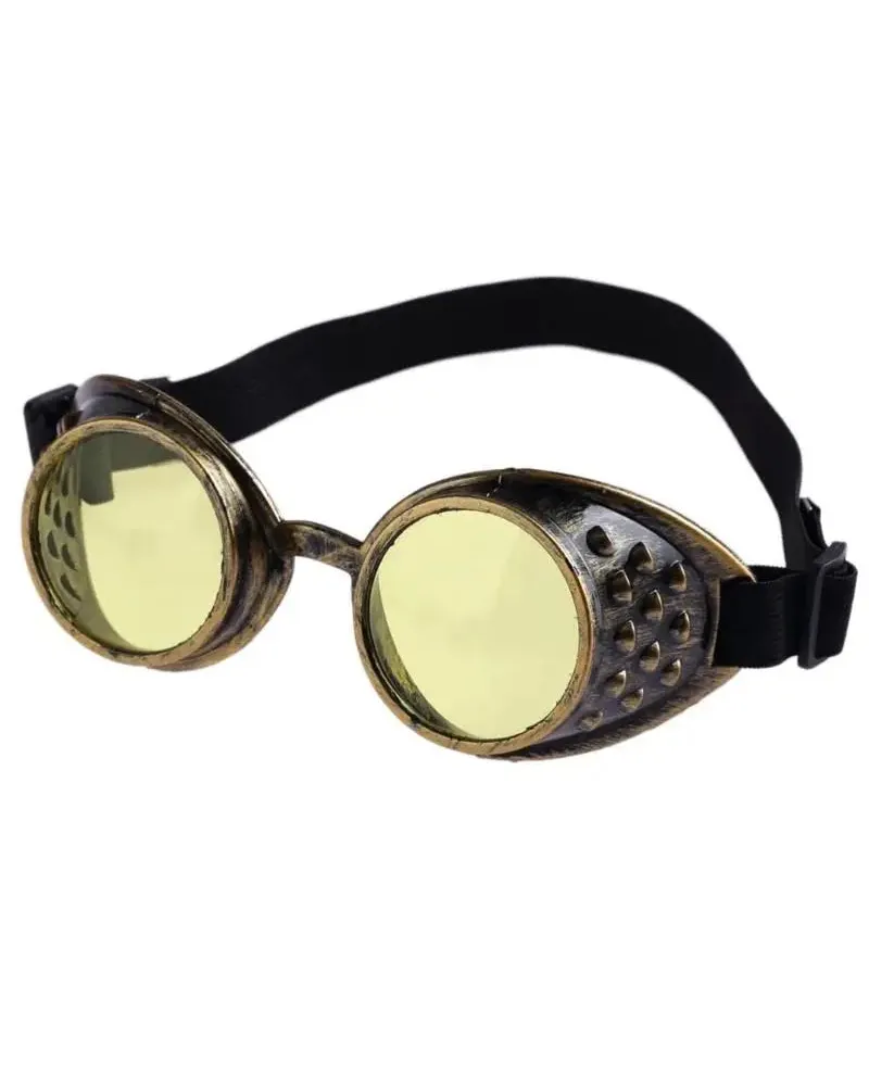 Vintage steampunk goggles with distressed bronze metallic frames, yellow lenses, and a black elastic strap.